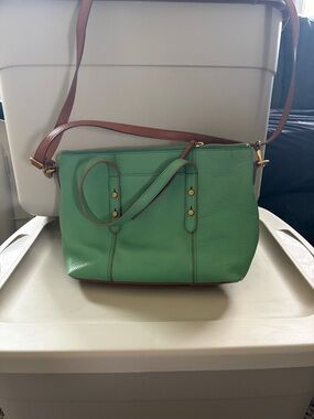 Fossil Mint Green Leather Crossbody with Brown Strap